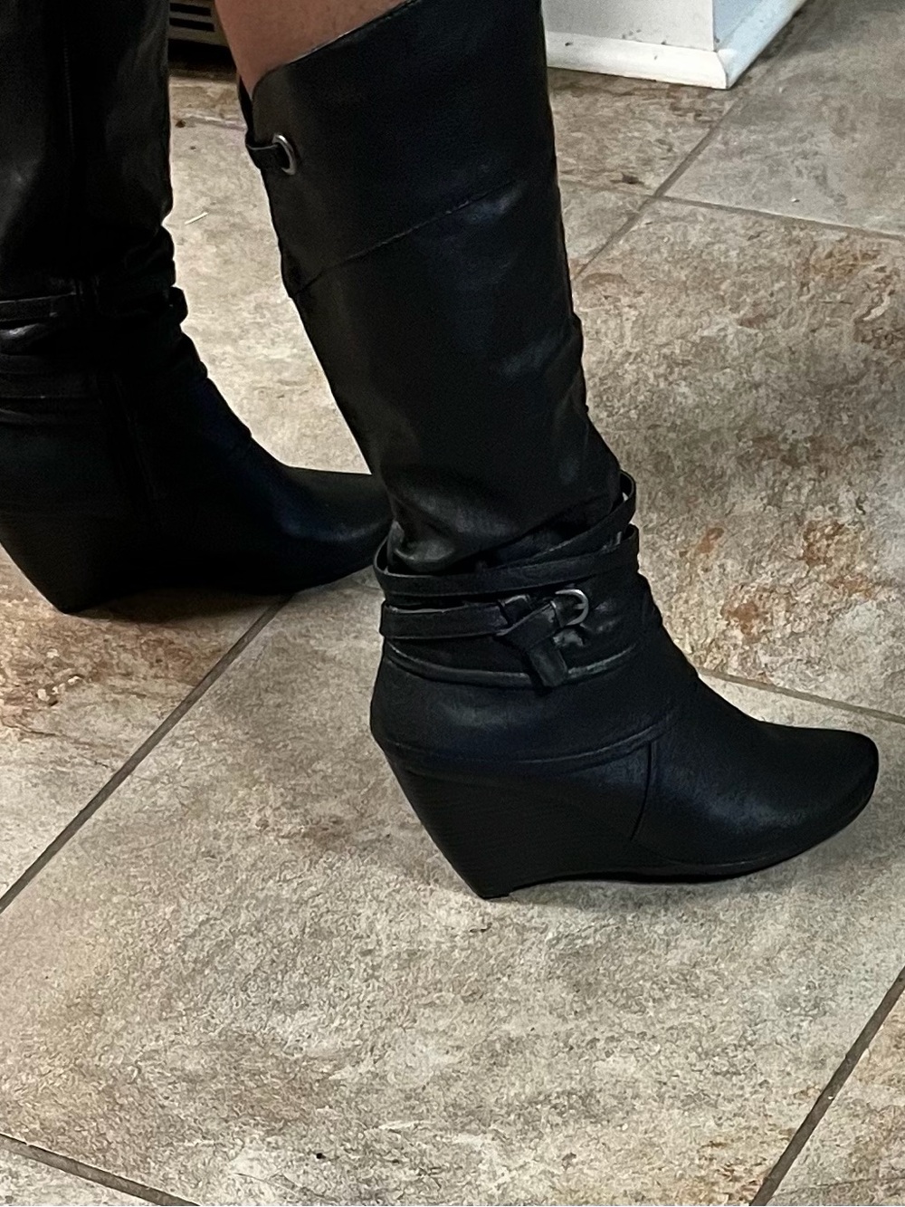 Black Knee-High Wedge Boots with Wrap Strap Detail
